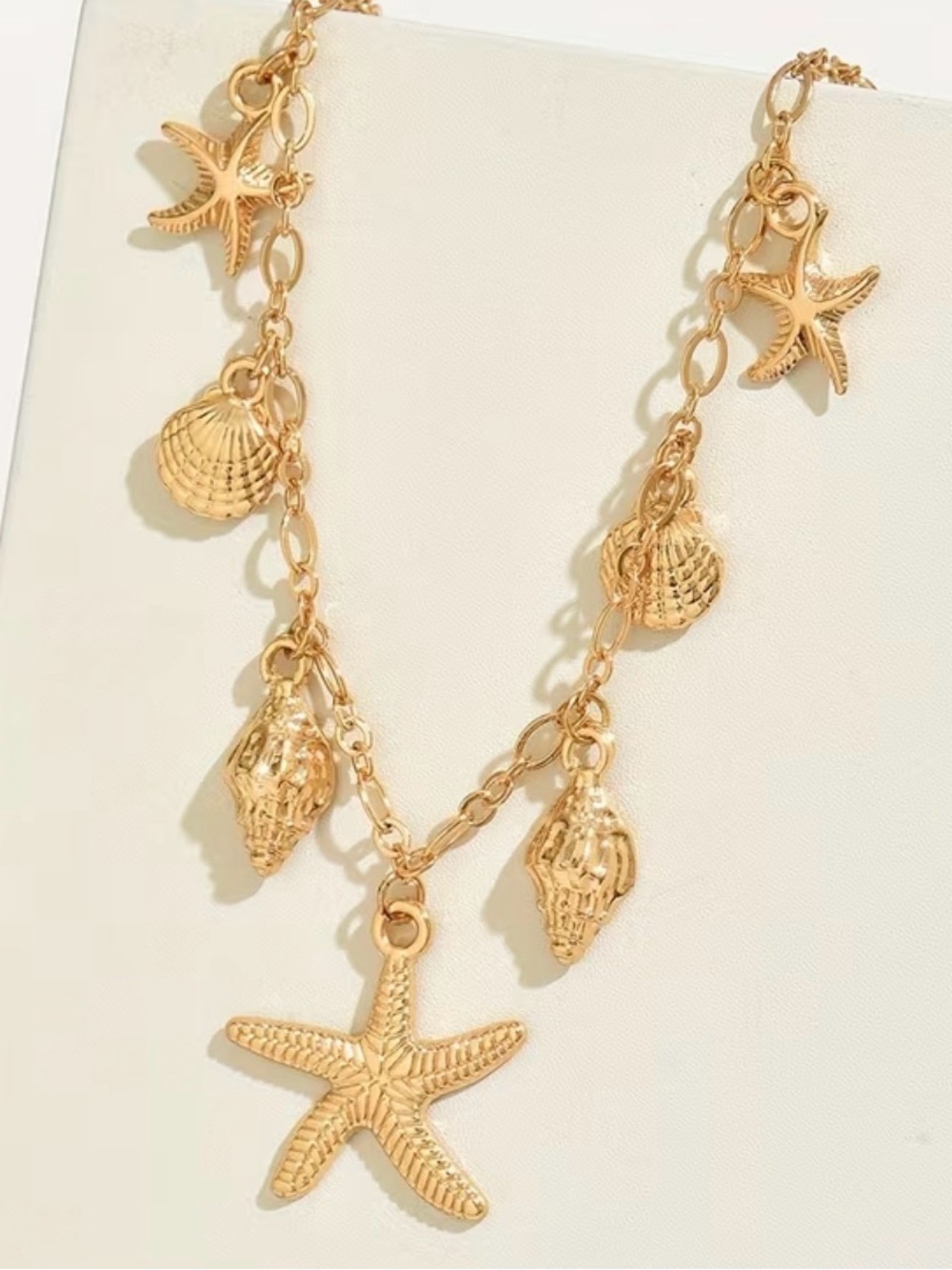 Gold Starfish and Shell Charm Necklace - Women's Jewelry